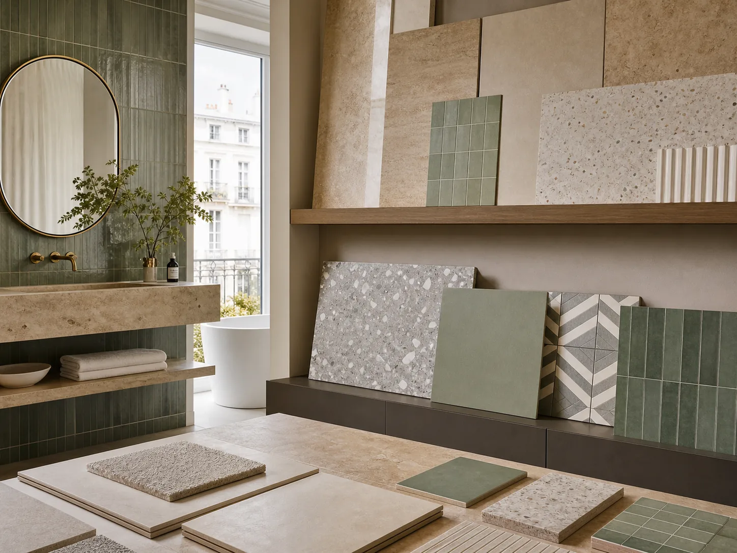Sélection de carrelages et de matières en showroom